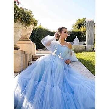 Tulle Off Shoulder Court Train Prom Dress Long Sweetheart Puff Sleeves Wedding Gown with Lace Up White US6