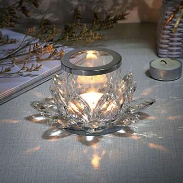 OwnMy 5.2 Inch Clear Crystal Lotus Candle Tealight Holder Candlestick, Glass Votive Candle Lamps Holder Night Light Candlestick with Gift Box for Altar Windowsill Home Decor Christmas Wedding Party