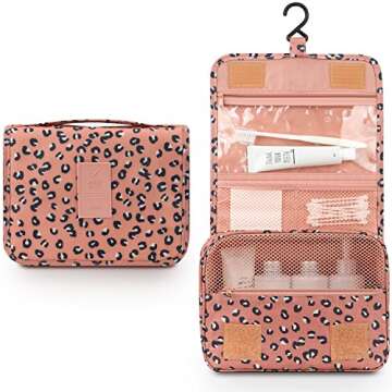 Mossio Hanging Toiletry Bag - Large Cosmetic Makeup Travel Organizer for Men & Women with Sturdy Hook (Pink Leopard)