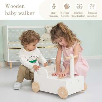 Crown Children 2-in-1 Baby Learning Walker Wooden Strollers with Blocks - Toddler Baby Push Walker T...