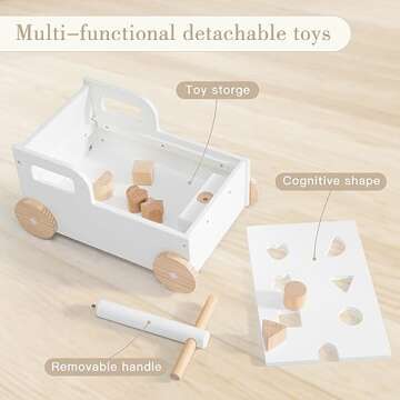 Crown Children 2-in-1 Baby Learning Walker Wooden Strollers with Blocks - Toddler Baby Push Walker Toys with Wheels for Girls Boys 1-3 Years Old, Wagon Toy walkers Sturdy Construction (Building Block)