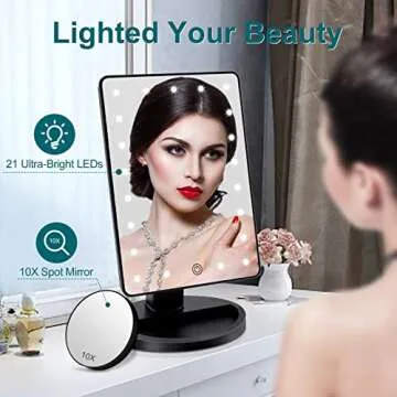 COSMIRROR Lighted Makeup Vanity Mirror with 10X Magnifying Mirror, 21 LED Lighted Mirror with Touch Sensor Dimming, 180°Adjustable Rotation, Dual Power Supply, Portable Cosmetic Mirror (Black)