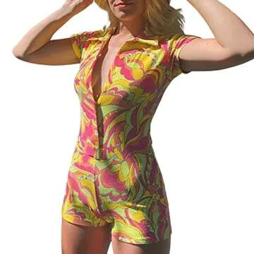 Women Short Sleeve Bodycon Jumpsuit Print Pattern Bodycon Button Romper Sets Y2k Summer Streetwear (Yellow, Small)
