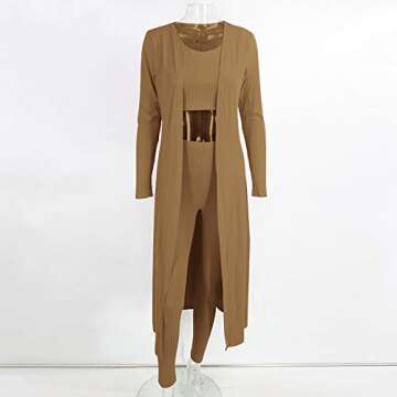 Cosygal Women's Crop Tank Top Long Cardigan Pencil Pants Tank Coat Three Piece Outfit Sets Brown Small