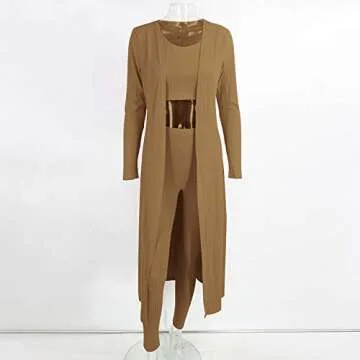 Cosygal Women's Crop Tank Top Long Cardigan Pencil Pants Tank Coat Three Piece Outfit Sets Brown Small