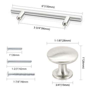 SUNRIVER 36 Pack Kitchen Cabinet Handles 26 Pack Cabinet Pulls Brushed Satin Nickel 10 Pack Cabinet Door Knobs 3-3/4" Hole Center Stainless Steel Cabinet Hardware for Drawer