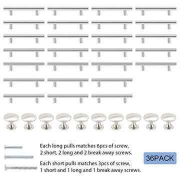 SUNRIVER 36 Pack Kitchen Cabinet Handles 26 Pack Cabinet Pulls Brushed Satin Nickel 10 Pack Cabinet Door Knobs 3-3/4" Hole Center Stainless Steel Cabinet Hardware for Drawer