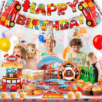 Fire Truck Birthday Party Supplies - 155pcs Decorations for Boys With Balloons, Plates, Napkins, Tab...