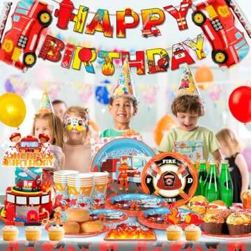 Fire Truck Birthday Party Supplies - 155pcs Decorations for Boys With Balloons, Plates, Napkins, Tab...