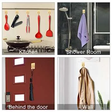 CGBE Adhesive Hooks Heavy Duty Sticky Hooks for Hanging 11 lbs (Max) Seamless Transparent Adhesive Hooks Wall Hangers Without Nails for Hanging Keys Coats Hats Bags Ceiling (Gold-8PACK)