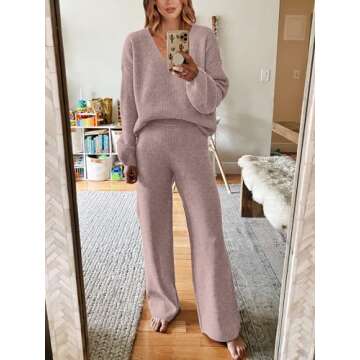 Caracilia Womens Loungewear Set Pajama Two Piece Outfits Knit Sweater Sets Long Sleeve Sweatsuit Swe...