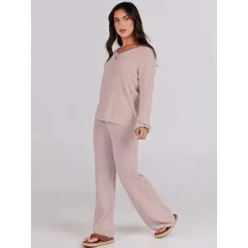 Caracilia Womens Loungewear Set Pajama Two Piece Outfits Knit Sweater Sets Long Sleeve Sweatsuit Sweatpants Lounge Set Travel Vacation 2 Piece Tracksuit Fall Winter Fashion Clothes B1165huatuo-S Camel