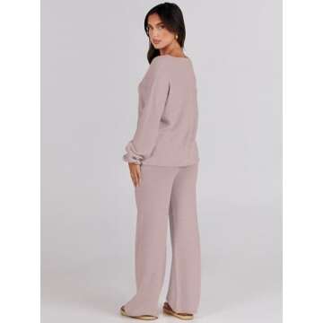 Caracilia Womens Loungewear Set Pajama Two Piece Outfits Knit Sweater Sets Long Sleeve Sweatsuit Sweatpants Lounge Set Travel Vacation 2 Piece Tracksuit Fall Winter Fashion Clothes B1165huatuo-S Camel