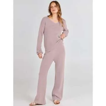 Caracilia Womens Loungewear Set Pajama Two Piece Outfits Knit Sweater Sets Long Sleeve Sweatsuit Sweatpants Lounge Set Travel Vacation 2 Piece Tracksuit Fall Winter Fashion Clothes B1165huatuo-S Camel