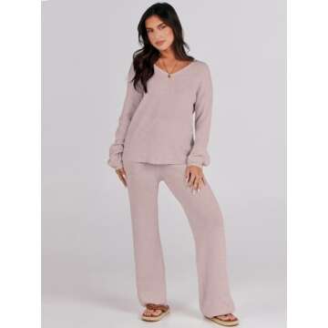 Caracilia Womens Loungewear Set Pajama Two Piece Outfits Knit Sweater Sets Long Sleeve Sweatsuit Sweatpants Lounge Set Travel Vacation 2 Piece Tracksuit Fall Winter Fashion Clothes B1165huatuo-S Camel