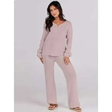 Caracilia Womens Loungewear Set Pajama Two Piece Outfits Knit Sweater Sets Long Sleeve Sweatsuit Sweatpants Lounge Set Travel Vacation 2 Piece Tracksuit Fall Winter Fashion Clothes B1165huatuo-S Camel