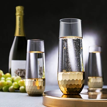 MyGift Modern Stemless Champagne Flute Glass Set of 4 Party Drinkware, Cocktails Prosecco Mimosa Glasses with Hammered Brass Plated Bottoms