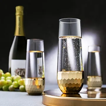 MyGift Modern Stemless Champagne Flute Glass Set of 4 Party Drinkware, Cocktails Prosecco Mimosa Glasses with Hammered Brass Plated Bottoms