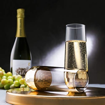 MyGift Modern Stemless Champagne Flute Glass Set of 4 Party Drinkware, Cocktails Prosecco Mimosa Glasses with Hammered Brass Plated Bottoms