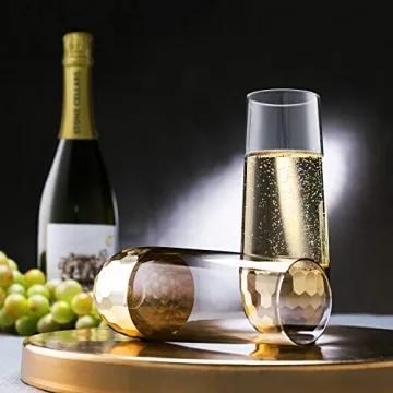 MyGift Modern Stemless Champagne Flute Glass Set of 4 Party Drinkware, Cocktails Prosecco Mimosa Glasses with Hammered Brass Plated Bottoms