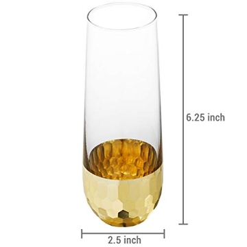 MyGift Modern Stemless Champagne Flute Glass Set of 4 Party Drinkware, Cocktails Prosecco Mimosa Glasses with Hammered Brass Plated Bottoms