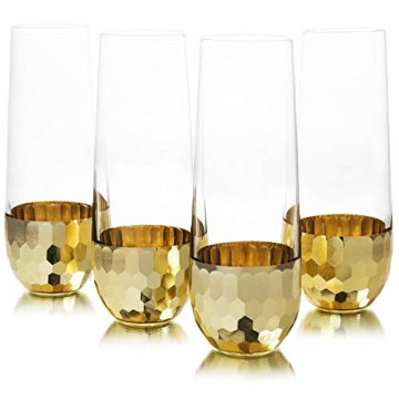 MyGift Modern Stemless Champagne Flute Glass Set of 4 Party Drinkware, Cocktails Prosecco Mimosa Glasses with Hammered Brass Plated Bottoms
