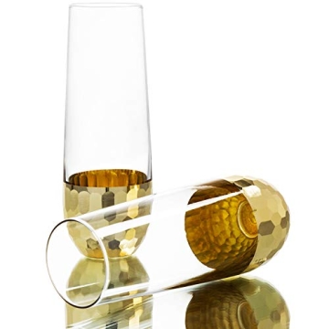 MyGift Modern Stemless Champagne Flute Glass Set of 4 Party Drinkware, Cocktails Prosecco Mimosa Glasses with Hammered Brass Plated Bottoms