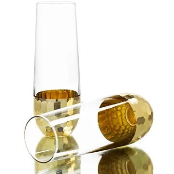 MyGift Modern Stemless Champagne Flute Glass Set of 4 Party Drinkware, Cocktails Prosecco Mimosa Glasses with Hammered Brass Plated Bottoms