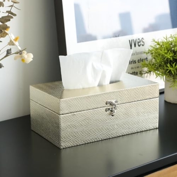 MODE HOME Gold Tissue Box Cover Rectangle, Elegant Faux Leather Tissue Box Holder with Non-Woven Fab...