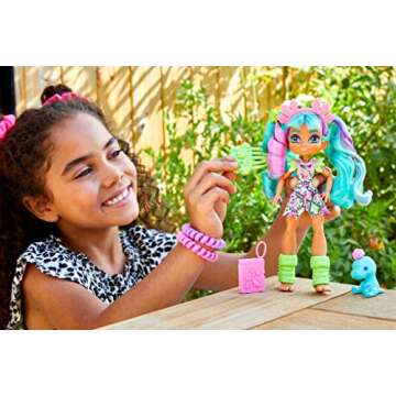 Mattel Cave Club Rockelle Doll (8-10-inch, Teal Hair) Poseable Prehistoric Fashion Doll with Dinosau...
