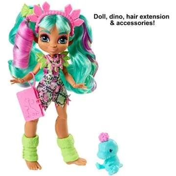 Mattel Cave Club Rockelle Doll (8-10-inch, Teal Hair) Poseable Prehistoric Fashion Doll with Dinosaur Pet and Accessories, Gift for 4 Year Olds and Up