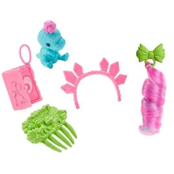 Mattel Cave Club Rockelle Doll (8-10-inch, Teal Hair) Poseable Prehistoric Fashion Doll with Dinosaur Pet and Accessories, Gift for 4 Year Olds and Up