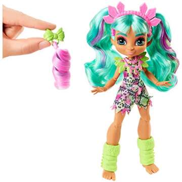 Mattel Cave Club Rockelle Doll (8-10-inch, Teal Hair) Poseable Prehistoric Fashion Doll with Dinosaur Pet and Accessories, Gift for 4 Year Olds and Up