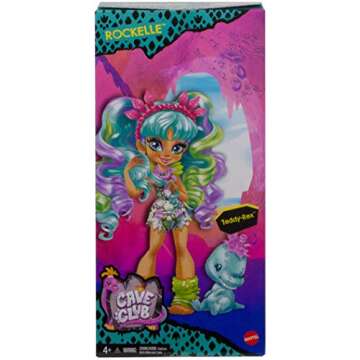 Mattel Cave Club Rockelle Doll (8-10-inch, Teal Hair) Poseable Prehistoric Fashion Doll with Dinosaur Pet and Accessories, Gift for 4 Year Olds and Up