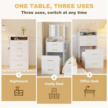 Lvifur 3-in-1 Vanity Desk with Flip Top Mirror, Makeup Vanity Table with Cushioned Stool for Small S...