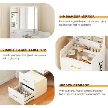 Lvifur 3-in-1 Vanity Desk with Flip Top Mirror, Makeup Vanity Table with Cushioned Stool for Small Space, Compact Dressing Table, Vanity Set for Bedroom