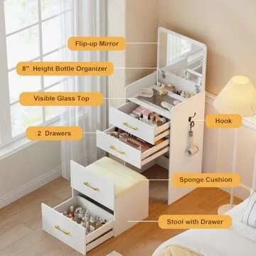 Lvifur 3-in-1 Vanity Desk with Flip Top Mirror, Makeup Vanity Table with Cushioned Stool for Small Space, Compact Dressing Table, Vanity Set for Bedroom