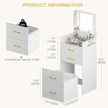 Lvifur 3-in-1 Vanity Desk with Flip Top Mirror, Makeup Vanity Table with Cushioned Stool for Small Space, Compact Dressing Table, Vanity Set for Bedroom