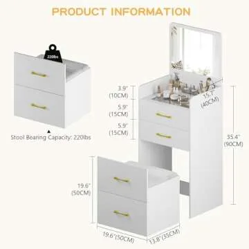 Lvifur 3-in-1 Vanity Desk with Flip Top Mirror, Makeup Vanity Table with Cushioned Stool for Small Space, Compact Dressing Table, Vanity Set for Bedroom