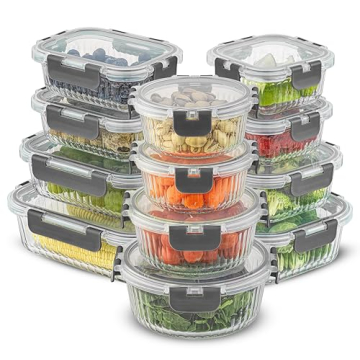 JoyJolt 24pc Fluted Glass Storage Containers with Lids. 12 Airtight, Freezer Safe Food Storage Conta...