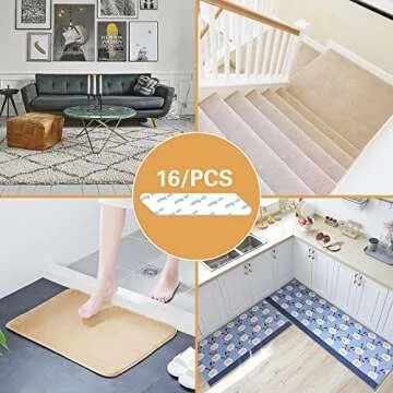 Rug Tape,16 Pcs Dual Sided Washable Removable Rug Stopper for Area Rug, Non Slip Adhesive Prevent Curl for Hardwood Floors and Carpet Corners