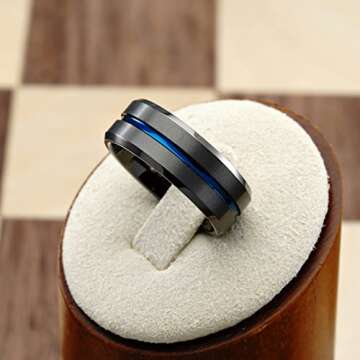 Stylish Gunmetal Tungsten Ring with Blue Groove Design