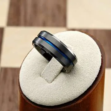 Stylish Gunmetal Tungsten Ring with Blue Groove Design