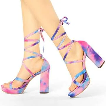 Allegra K Women's Tie Dye Platform Chunky Heel Lace Up Blue Pink Sandals 7.5 M US
