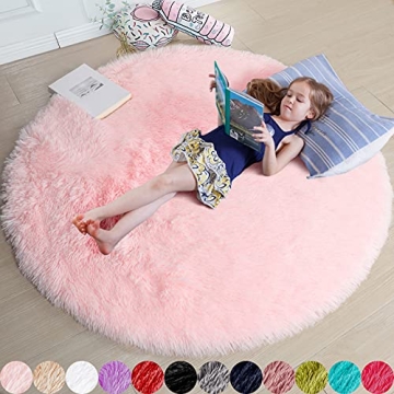 Soft Pink Round Rug for Kids Bedroom, 4' x 4'