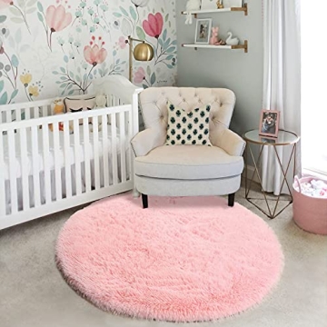 Soft Pink Round Rug for Kids Bedroom, 4' x 4'