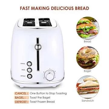 REDMOND 2 Slice Toaster, Retro Stainless Steel with Bagel, Cancel, Defrost Function, 6 Bread Shade Settings, Extra Wide Slot, Removable Crumb Tray - White (ST028)