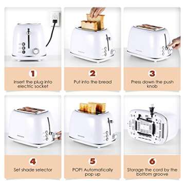 REDMOND 2 Slice Toaster, Retro Stainless Steel with Bagel, Cancel, Defrost Function, 6 Bread Shade Settings, Extra Wide Slot, Removable Crumb Tray - White (ST028)