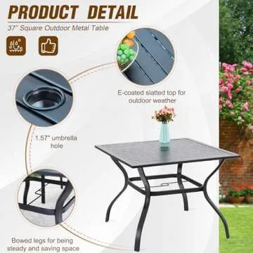 PHI VILLA Outdoor Dining Table Set, Metal Steel Dining Table with Umbrella Hole & Stackable Iron Chairs for Patio, Deck, Yard