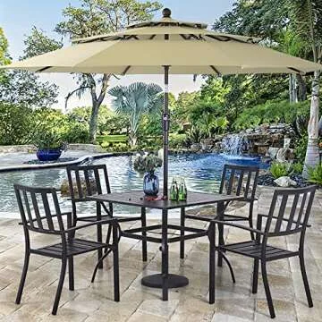 PHI VILLA Outdoor Dining Table Set, Metal Steel Dining Table with Umbrella Hole & Stackable Iron Chairs for Patio, Deck, Yard